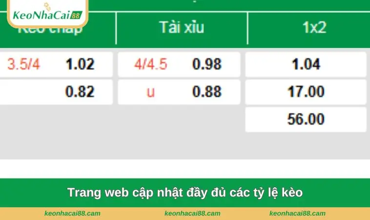 Trang web cập nhật đầy đủ các tỷ lệ kèo